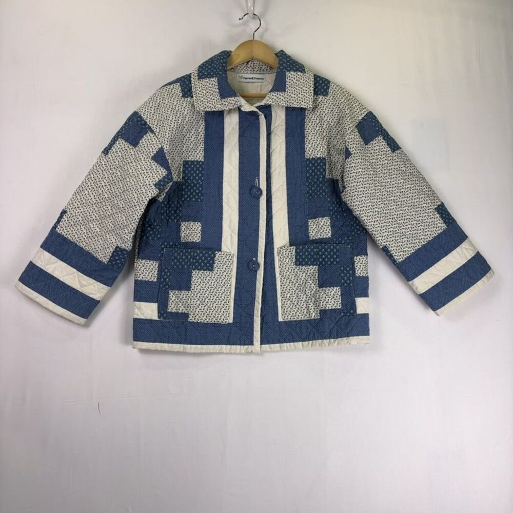 Quilted Patchwork Utility Jacket in Blue & Cream